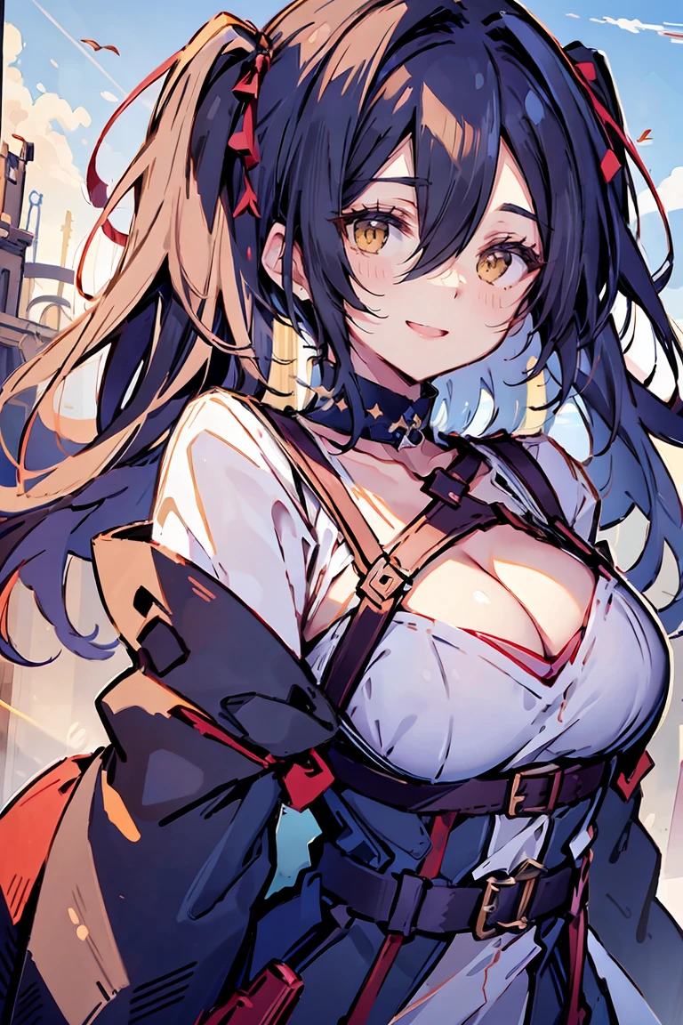 (masterpiece:1.2), (high quality:1.2), (hui xiyi:0.7), rekkyo sensen, rekkyou sensen, girls with((black hair, (tits cleavage:1.1), (waving is hands:1.2), (breasts close up:1.2), (suspenders:1.2), (dress:0.65), (blue clothes:1.2), (belts:0.7), (frills shirt:1.1), (white knit sweater:1.2), camisole, exposed breasts, straps, (choker:1.1), (cross:1.2), upper body, (long wavy hair:1.2), (one side up:1.2), nun, long sleeves, (perfect hands, perfect fingers:1))), background with((fantasy world, ruin, castle, beautiful sky, shining sky, sunshine))