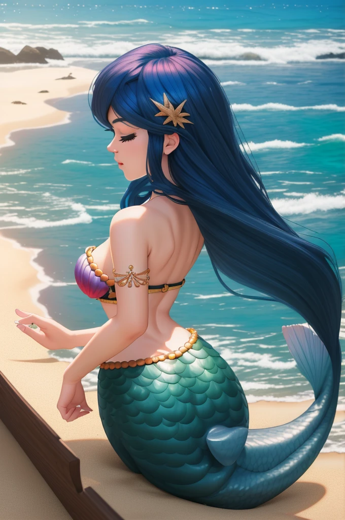 (8k, RAW photo, best quality, masterpiece:1.2), (intricate details), closed eyes, perfect face, perfect lighting, beautiful, (masterpiece:1.2), (best quality:1.2), 1mermaid, solo, Marinette, blue hair, ((flowing hair)), adult torso, 19 years old, kiss, huge sized breasts, (shell top), on a beach, side view, profile