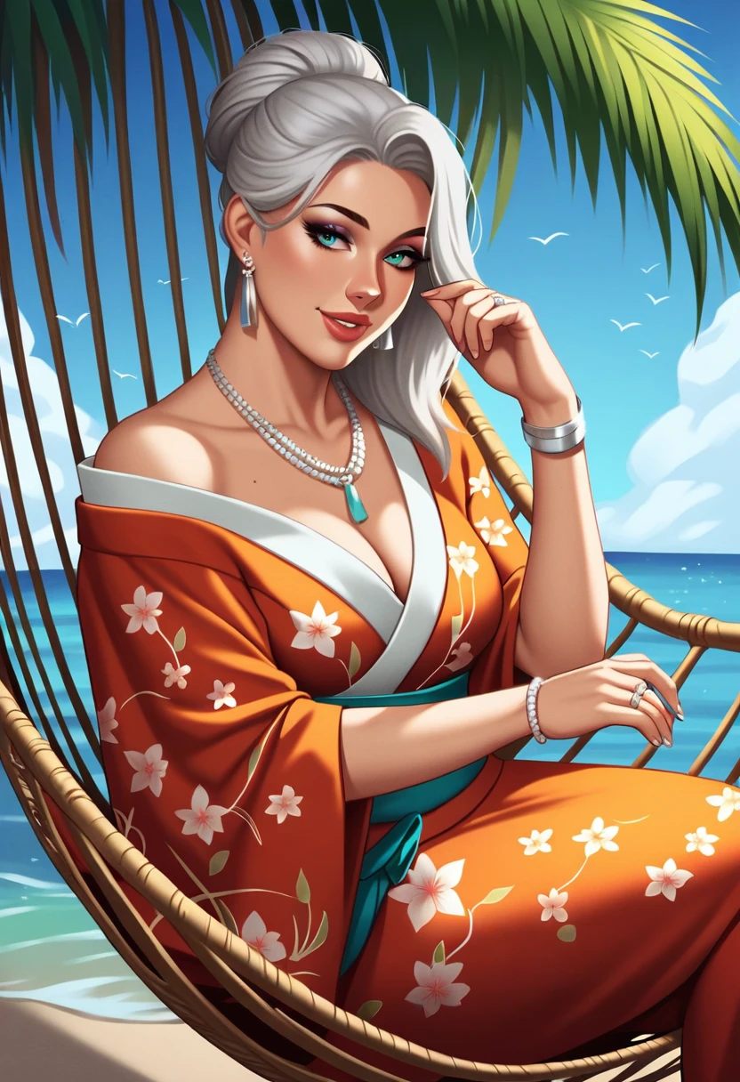 （masterpiece），（Very detailed），（best quality），8k，（Face close-up 1.5), （（high quality）), Female cheetah, fat, hammock, tropical setting, kimono, silver earrings, silver bracelets, silver rings, silver necklaces