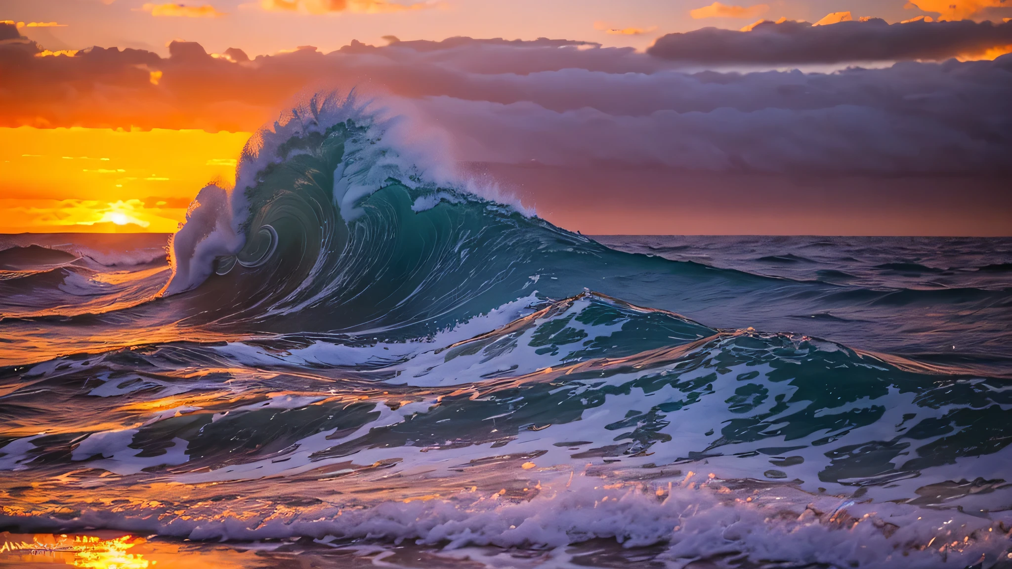 arafed view of a sunset over the ocean with waves crashing, chaotic sea setting, vibrant sunrise, breathtaking colors, breathtaking look, vibrant sunset, breathtaking composition, beautiful sea landscapes, stunning sunset, magnificent background, sunset glow, beautiful background, beautiful dreamy breathtaking, marc adamus, warm beautiful scene, epic sunset, beautiful sunset, beautiful sunset glow, beautiful ocean