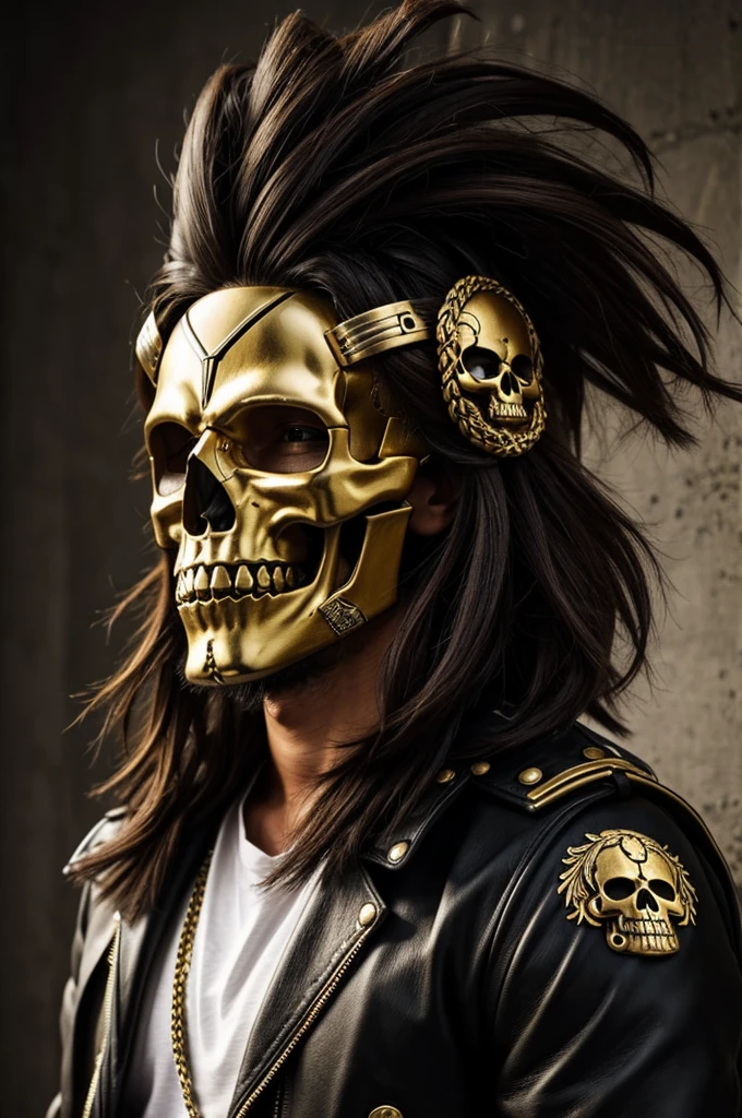 Quiero un humano con el cabello hasta los hombros, have a skull mask, con chaqueta de cuero y cadenas de oro