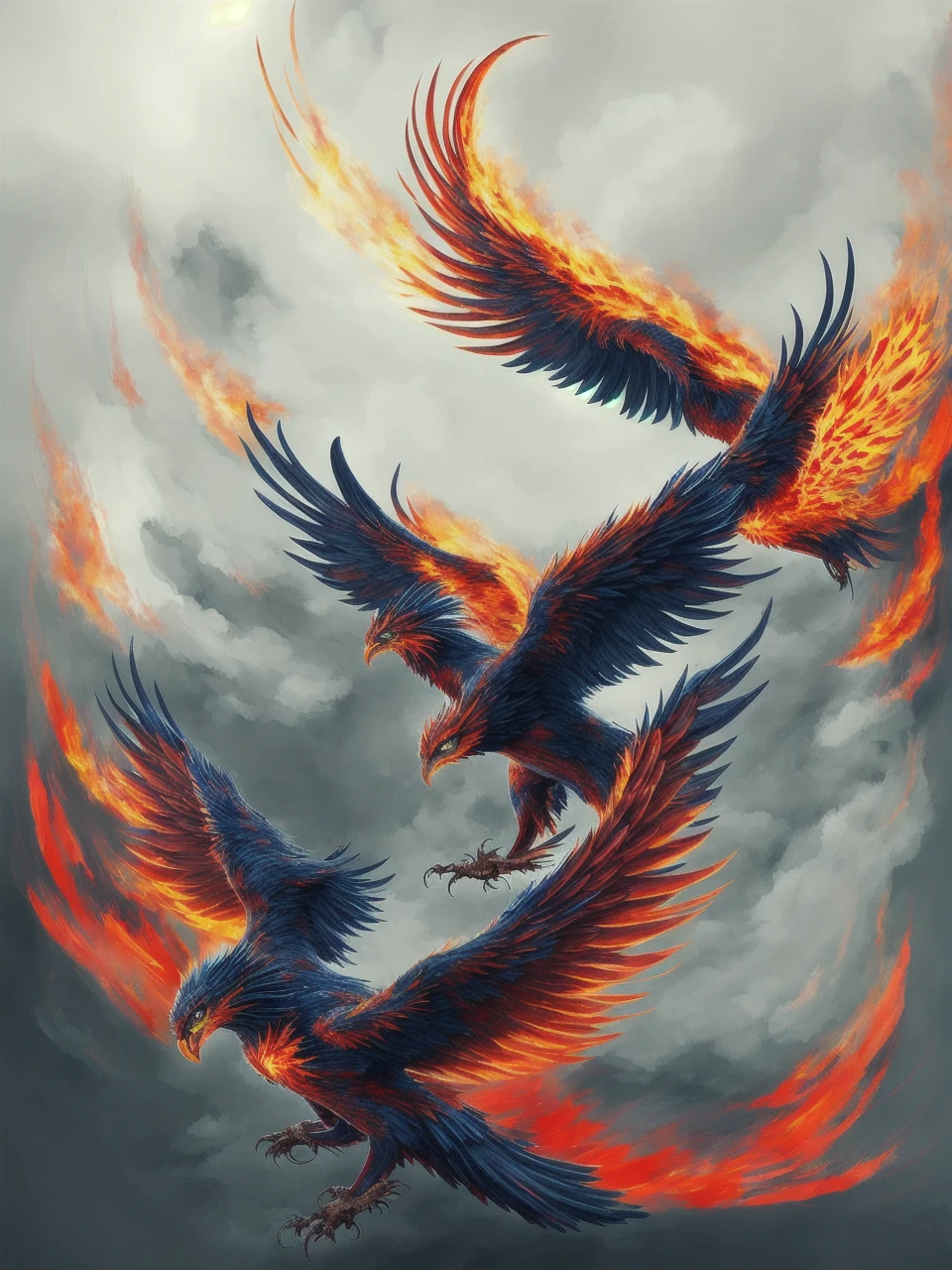 A mythical phoenix, wings spread wide, rising from the ashes in a burst of flames and glory, captured in a vivid and fiery digital artwork that embodies the spirit of rebirth and transformation. , Soulful_Aesthetics de color negro naranja y rojo