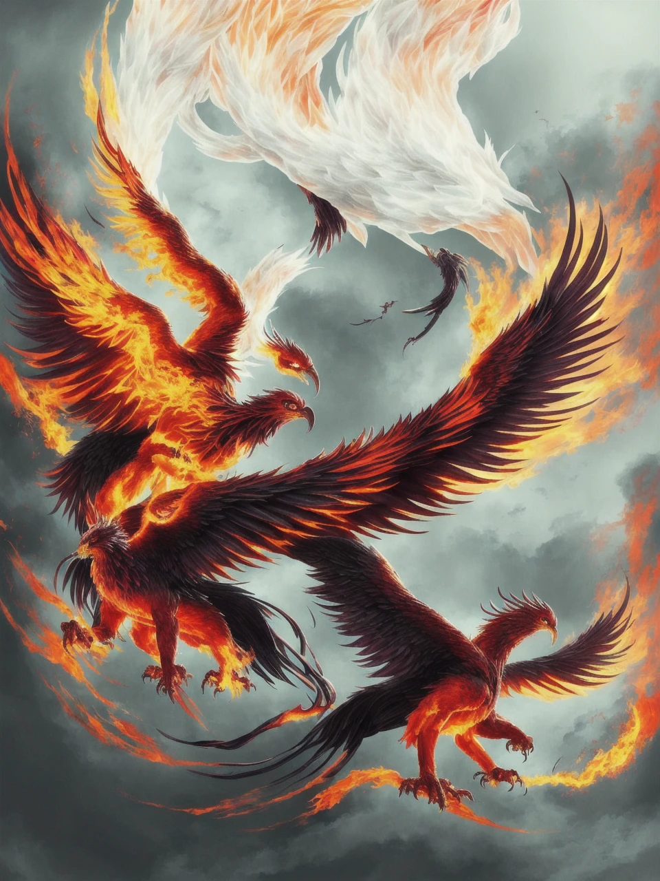 A mythical phoenix, wings spread wide, rising from the ashes in a burst of flames and glory, captured in a vivid and fiery digital artwork that embodies the spirit of rebirth and transformation. , Soulful_Aesthetics de color negro naranja y rojo