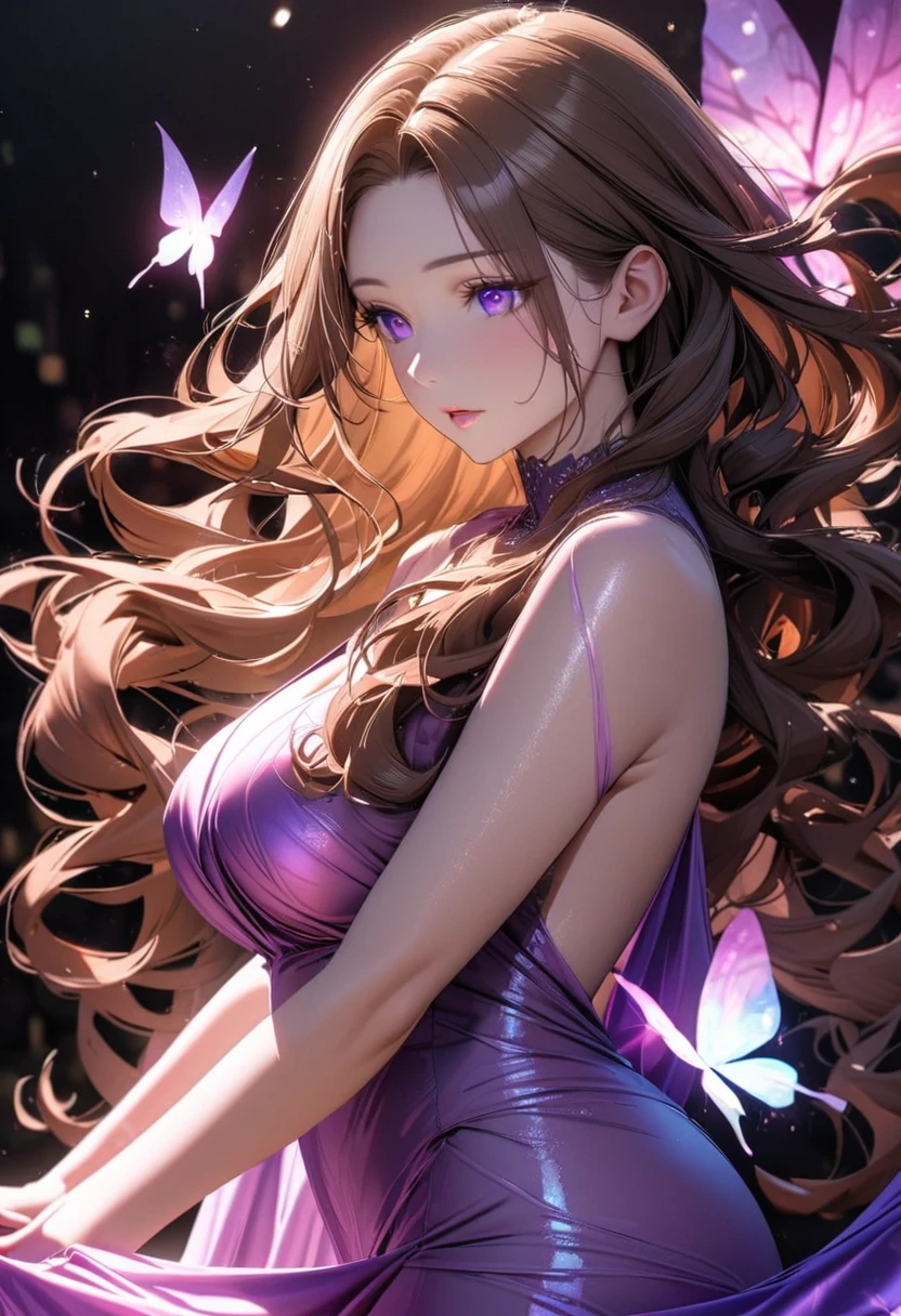 girl, brown hair, wavy hair, long hair, glowing purple eyes, magical silk fabric, mature, silk fabric blowing in the wind, gorgeous, beautiful background, super detail, 8K, beautiful color, mature woman, glowing butterfly, angel,