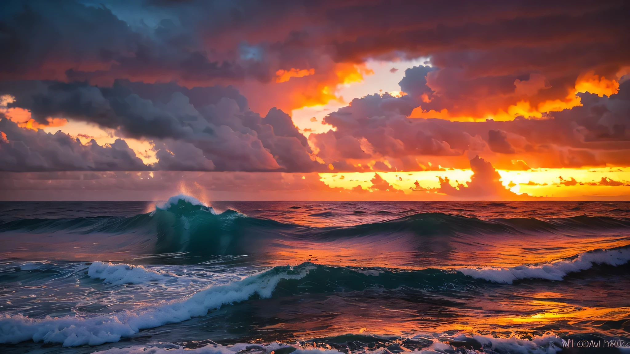 arafed view of a sunset over the ocean with waves crashing, chaotic sea setting, vibrant sunrise, breathtaking colors, breathtaking look, vibrant sunset, breathtaking composition, beautiful sea landscapes, stunning sunset, magnificent background, sunset glow, beautiful background, beautiful dreamy breathtaking, marc adamus, warm beautiful scene, epic sunset, beautiful sunset, beautiful sunset glow, beautiful ocean