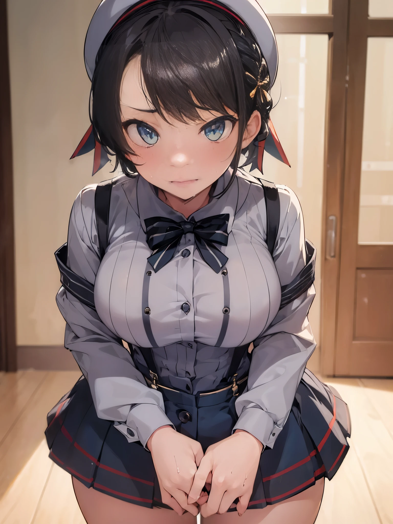 NSFW,(One girl:1.5),subaru_suspenders、French Braid、Grey Shirt、No arms、Black bow tie、Blue shorts、abdomen、Grey hat、Grey socks,indoor,inn,(Perfect hands),(Perfect Anatomy),(masterpiece),(highest quality),(Lustful face:1.5),Embarrassed,blush