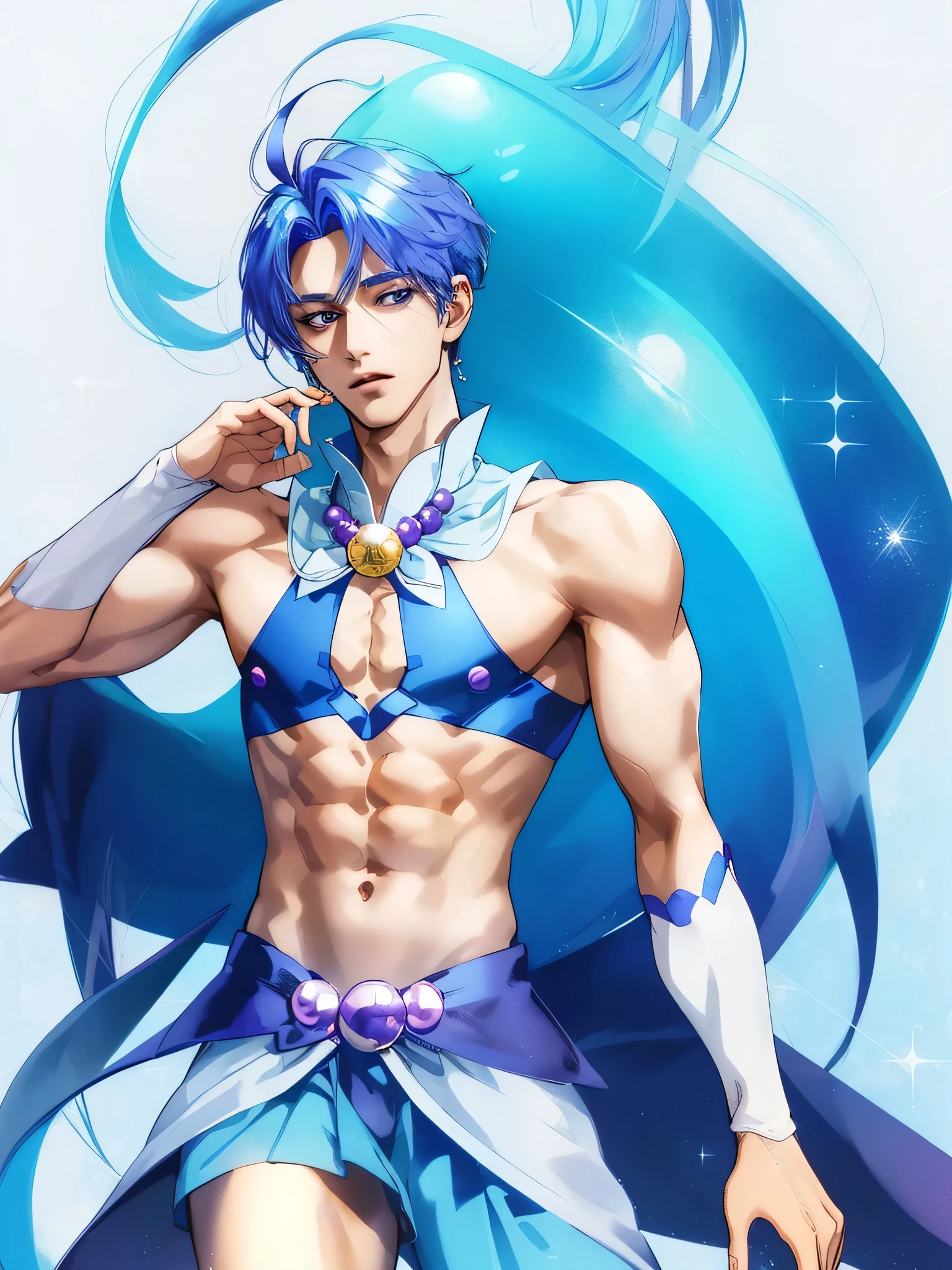 Close-up of a blue-haired cartoon male character, Beautiful Celestial Mage, Heavenly Aura, solo, Purple cyan long hair boy, Knight of Zodiac Boy, Sparkling Magical Boy, Royal Elegant Pose, Anime man in blue bikini, Anime man in belly button costume, Anime Prince, Blue crop top, bikini top with an blue, Muscular man, Blue mini skirt, bikini top with an triangle, A magical aura around him, Masculine and muscular, Portrait of Zodiac Boy Knight, Magical Glossy Skin, at night!!, Male focus, Bare legs, Bare shoulders, Bare Arms,