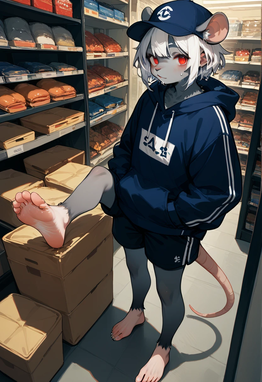 score_9,score_8_up,score_7_up,score_6_up,score_5_up,source_furry, furry male, furry, tall, anthro, rat, anthro_rat, grey fur, red eyes, white hair, dredlocks, paw_sloe,sharp_toenails, long toenails, claws, barefoot, plantigrade, 5 toes, (standing and show foot,standing and toe-point,toe-point,from above,standing,foot focus,leg up,fish eye,standing on one leg), store storeroom, hoodie,baseball cap,hands in pockets,micro shorts,steaming and sweat foot