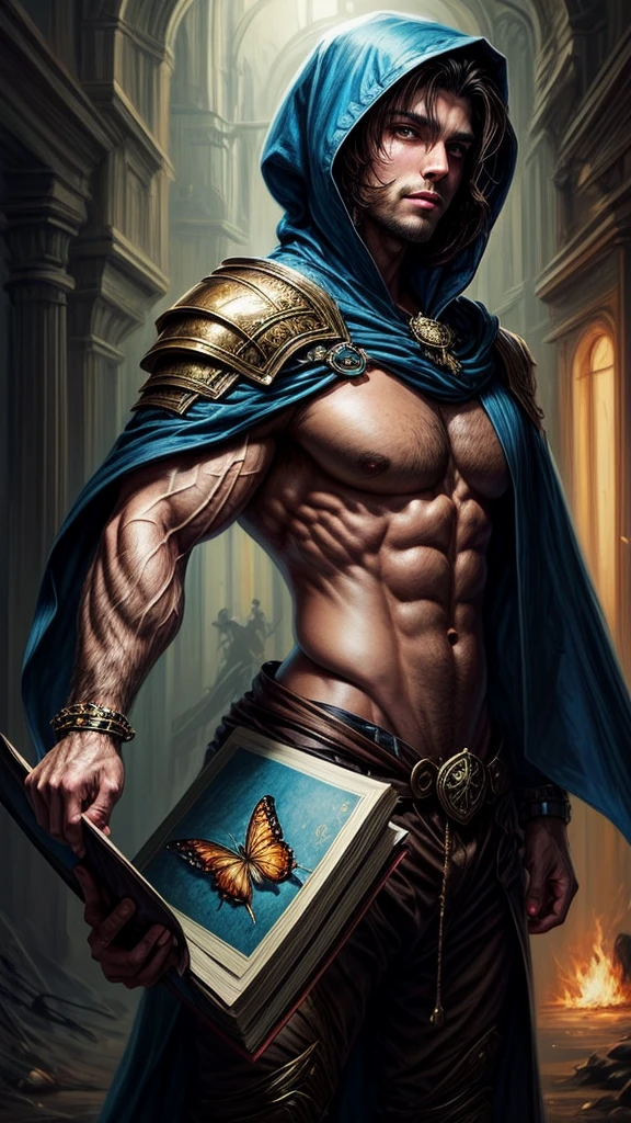 Speed painting of portrait of a fantasy female brunette human, with a blue hood, with large muscles, D&D character, holding a large book with butterfly on it.