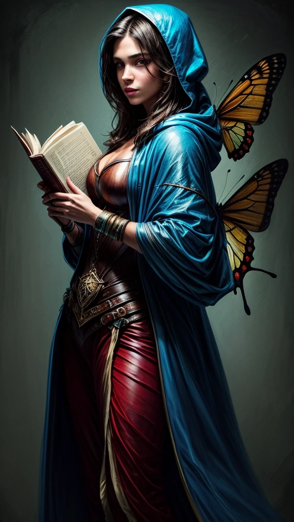 Speed painting of portrait of a fantasy female brunette human, with a blue hood, with large muscles, D&D character, holding a large book with butterfly on it.