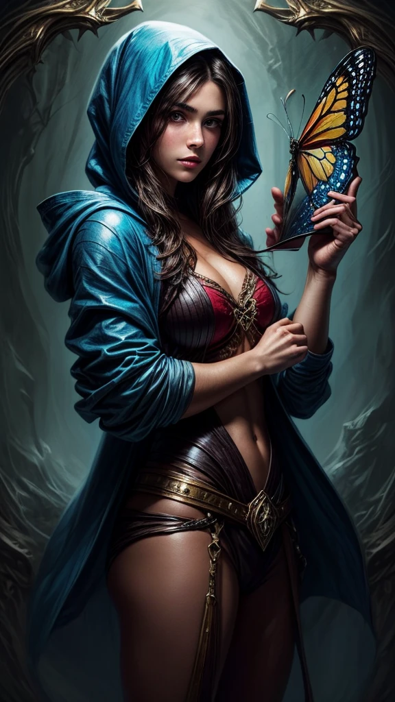 Speed painting of portrait of a fantasy female brunette human, with a blue hood, with large muscles, D&D character, holding a large book with butterfly on it.