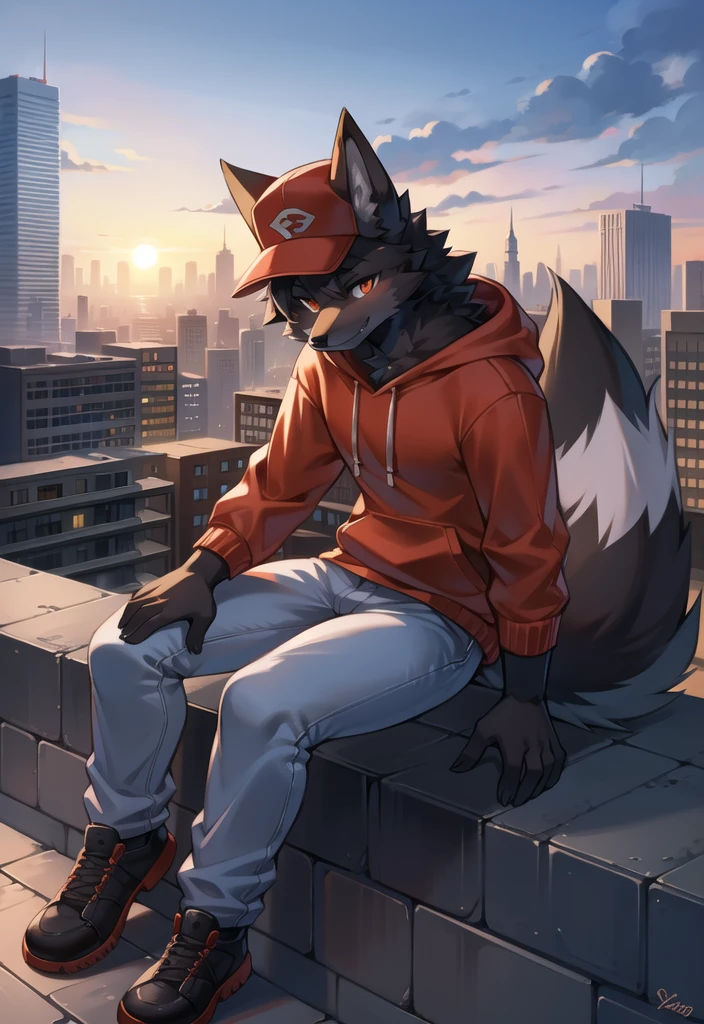 (Fox, furry, anthropomorphic), Male, siting on ledge, city background, outside, wearing jeans wearing red hoodie, Furry art, Fur on arms, big Floofy tail, fur on legs, (Black Fur covering whole body, Best quality, human like body figure), looking at sunset, wearing white hat