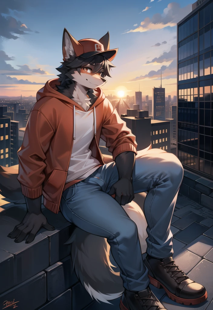 (Fox, furry, anthropomorphic), Male, siting on ledge, city background, outside, wearing jeans wearing red hoodie, Furry art, Fur on arms, big Floofy tail, fur on legs, (Black Fur covering whole body, Best quality, human like body figure), looking at sunset, wearing white hat