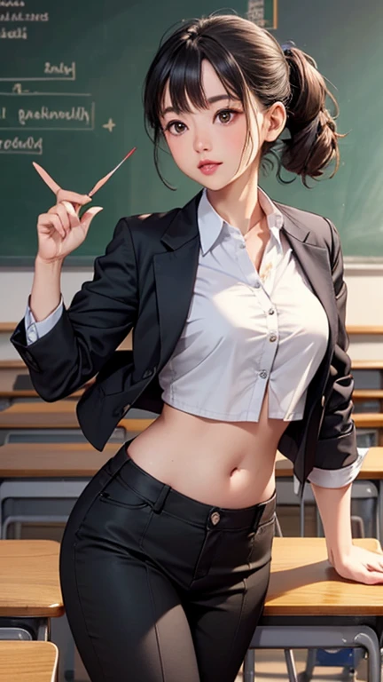 Woman in classroom, ((white crop top button shirt)), teacher, open navel, open belly, teacher, (pointer stick), (books) , (blackboard) , teaching