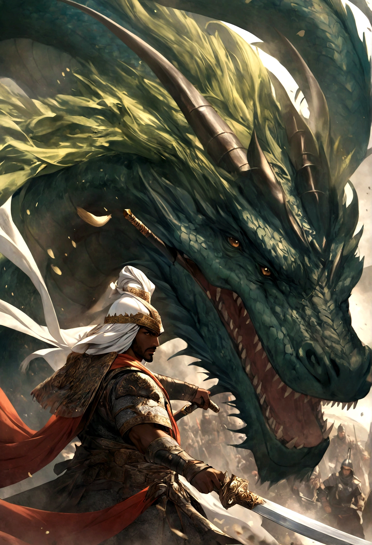 middle east, beautiful arabian knight, black skin, battle armor, huge green dragon
