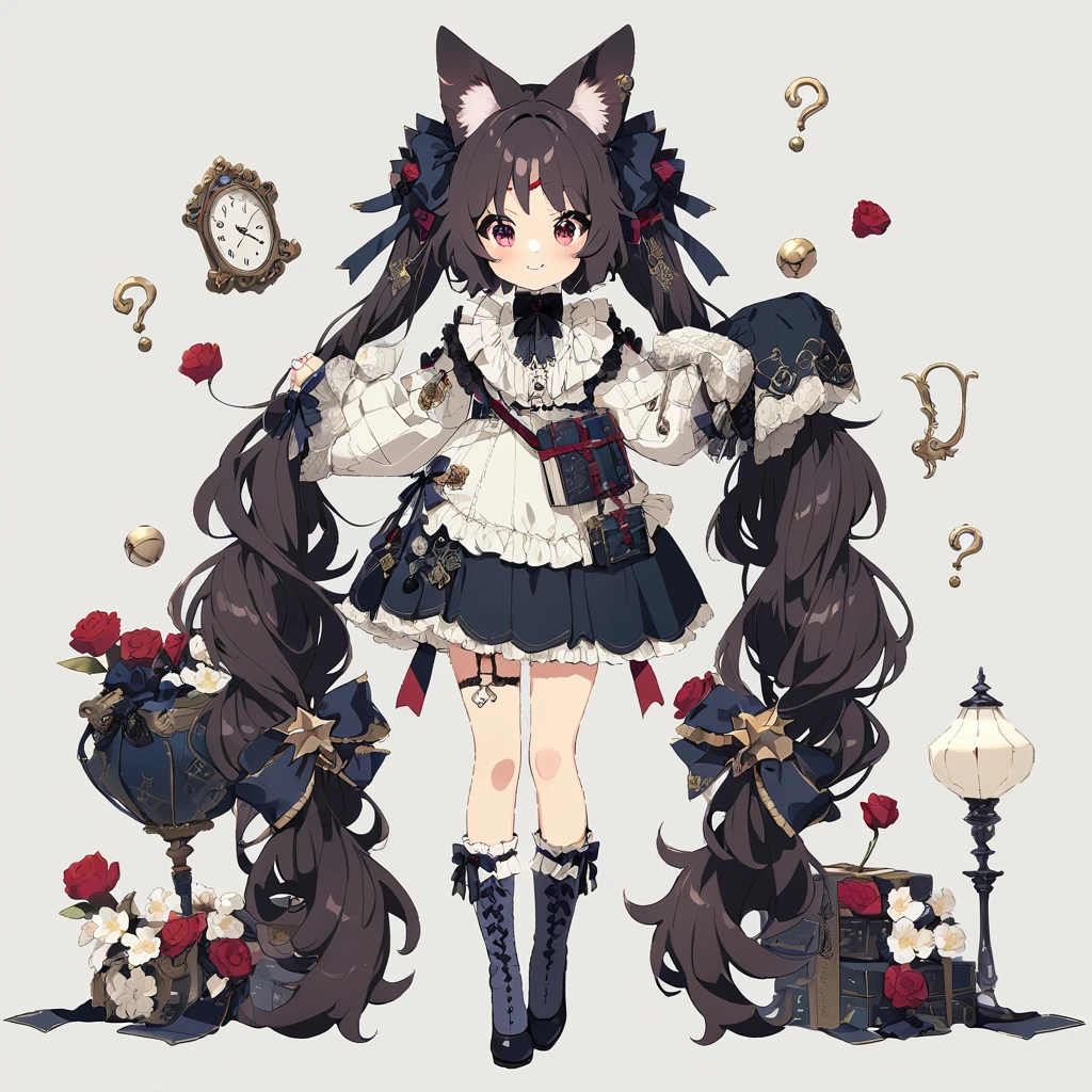 Background white、white backgrounid、(top-quality、8K、?masterpiece:1.3) Highly detailed facial and skin texture、full body Esbian、very delicate red eyes、double eyelid、de pele branca、length hair、(with round face:1.5)、A dark-haired、Hooded clothing、Black Goth Lolita Dress、Hair Ribbon、Smiling、front facing、Standing picture to the tip of the shoe、Beautie、A dark-haired、Tattoo of flowers on the thighs、Tattoo at the base of the thigh、Full-body image from head to toe、erect through、Stand straight