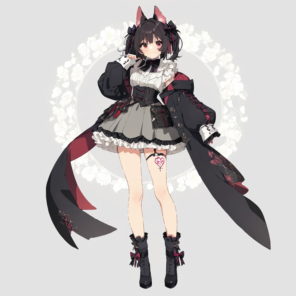 Background white、white backgrounid、(top-quality、8K、?masterpiece:1.3) Highly detailed facial and skin texture、full body Esbian、very delicate red eyes、double eyelid、de pele branca、length hair、(with round face:1.5)、A dark-haired、Hooded clothing、Black Goth Lolita Dress、Hair Ribbon、Smiling、front facing、Standing picture to the tip of the shoe、Beautie、A dark-haired、Tattoo of flowers on the thighs、Tattoo at the base of the thigh、Full-body image from head to toe、erect through、Stand straight