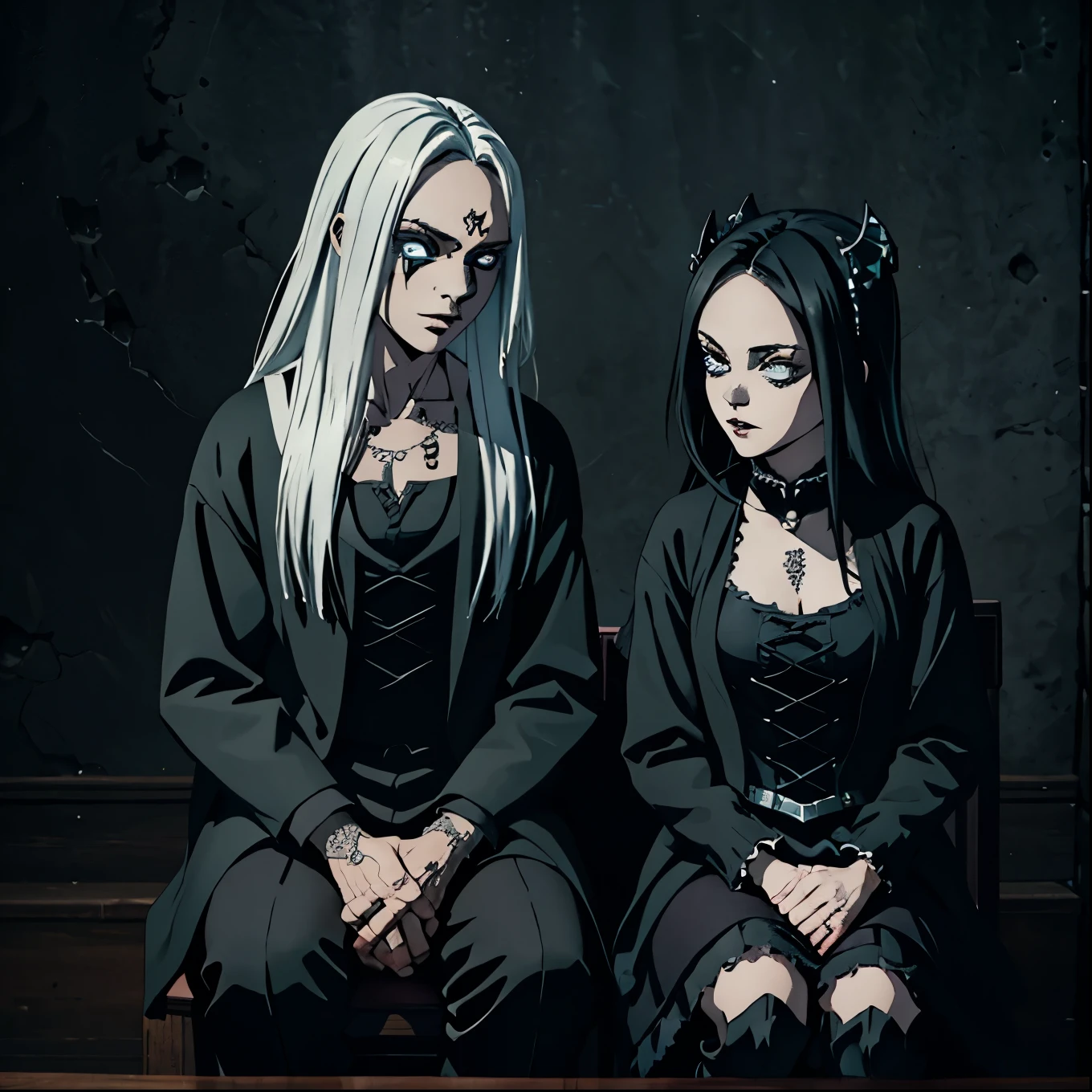 there are two women dressed in gothic costumes sitting on a stool, ska skeleton and girlfriend, in style the demon seated, imvu, dressed in crustpunk clothing, gothic harts, second life avatar, couple pose, demoness, grungy gothic, 2 b, 2b, dark and gothic, shaded, goth, dressed in punk clothing