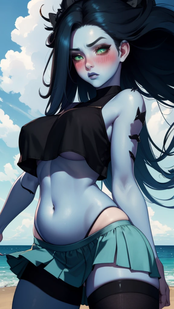 TheSpirit, floating hair ,((blue skin)),green eyes,navel, solo, beach, close up, blush,black skirt, SpiScho,very Long hair, fingernails, black stockings,huge black thighhighs, (insanely detailed, beautiful detailed face, masterpiece, best quality), spread legs, grab belly, ((black crop top)),wide hip
