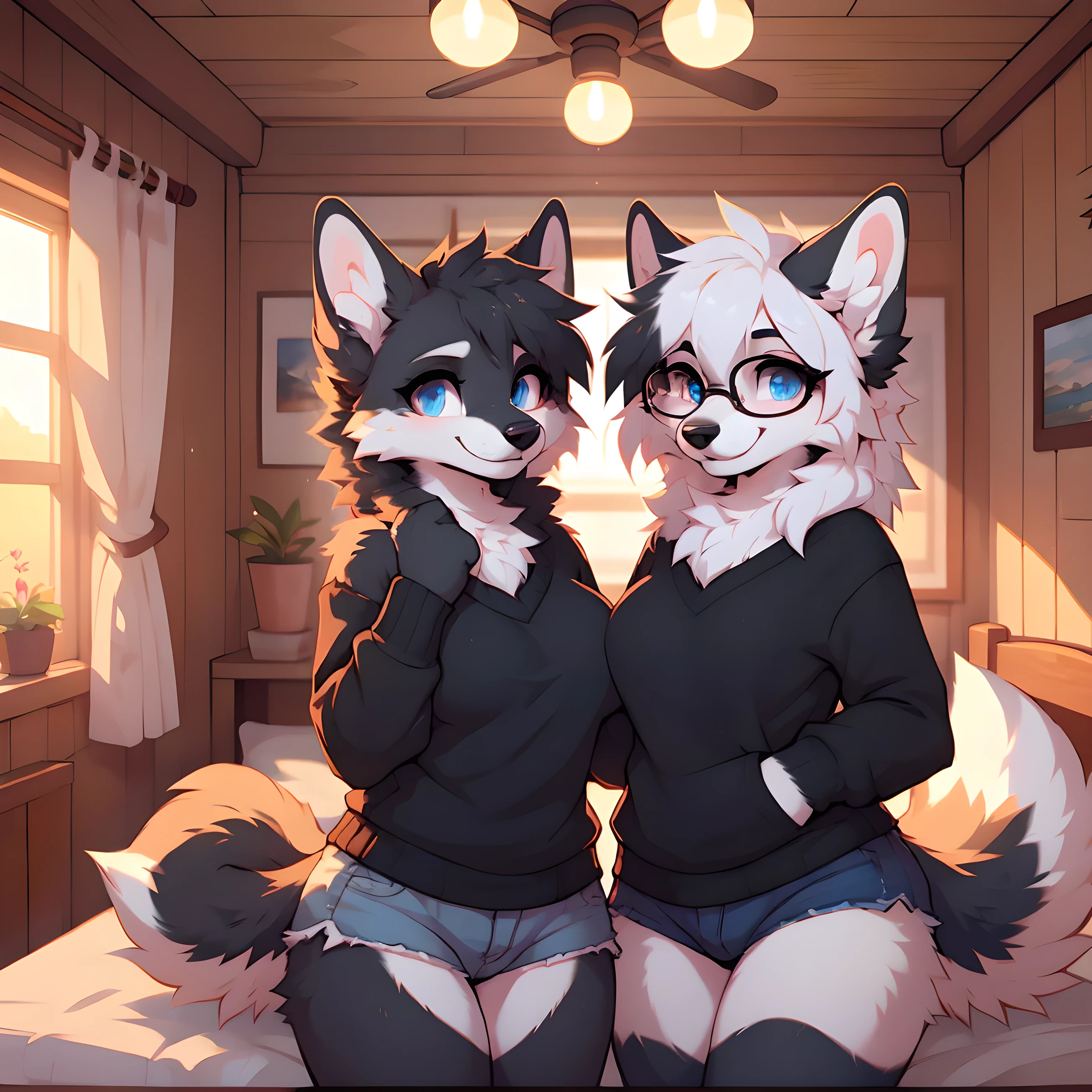 ((by reysi)), ((deailed blue eyes)), Best quality, super detailed illustration, warm colors, Ideal lighting, large breasts, wide hips, wearing large round glasses, (a duo of Fluffy girls Posing for a picture together dog:1.6), (Black fur:1.5) ,cute face, disheveled thick gray hair, short shorts, long black stockings, black long sleeve sweater, in a cosy room, tricky glance , slim, perfect body,
