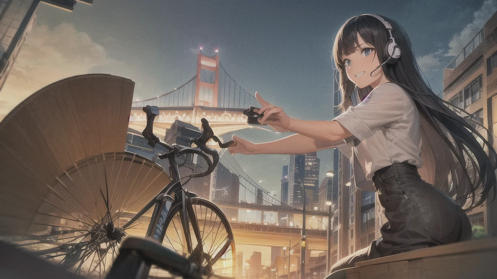 (In 8K, Ultra-high resolution, Best Quality, Masterpiece:1.2), (Realistic illustrations), Lo-fi Hip Hop , flat, 2.5D, Line art, Ink drawing, Watercolor, Gouache color, Studio Ghibli style, Great colorful, Relaxed girl listening to music with headset, smile, Detailed teeth, はにかんだsmile, 80s city night view, bike