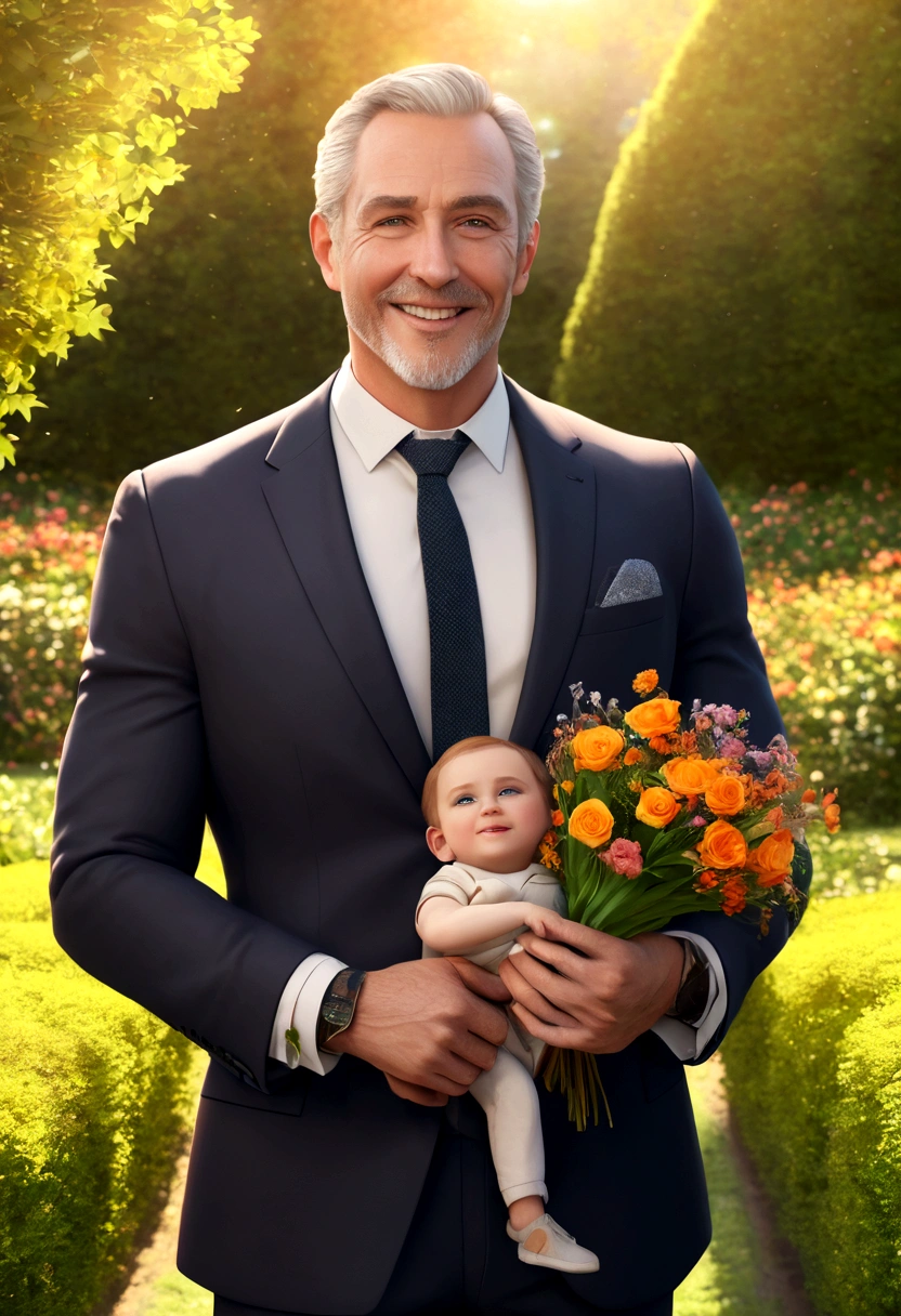 A man, father, dad, portrait, photorealistic, highly detailed, 8k, realistic, realistic lighting, warm lighting, warm colors, loving expression, kind eyes, gentle smile, wearing a suit, holding a , outdoors, garden, flowers, sun rays, soft focus