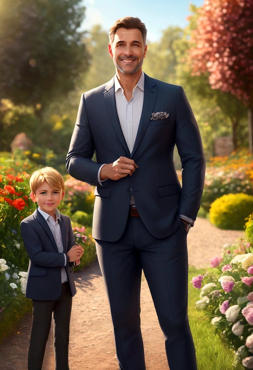 A man, father, dad, portrait, photorealistic, highly detailed, 8k, realistic, realistic lighting, warm lighting, warm colors, loving expression, kind eyes, gentle smile, wearing a suit, holding a , outdoors, garden, flowers, sun rays, soft focus