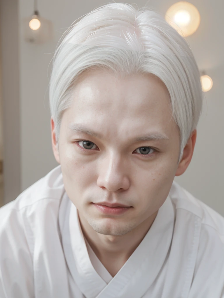 Man. Korean. White hair. Albino. 34 year old. Young. Looks beautiful. Warm atmosphere. High. Red eyes. Pale skin. Subtle facial features. Reality.