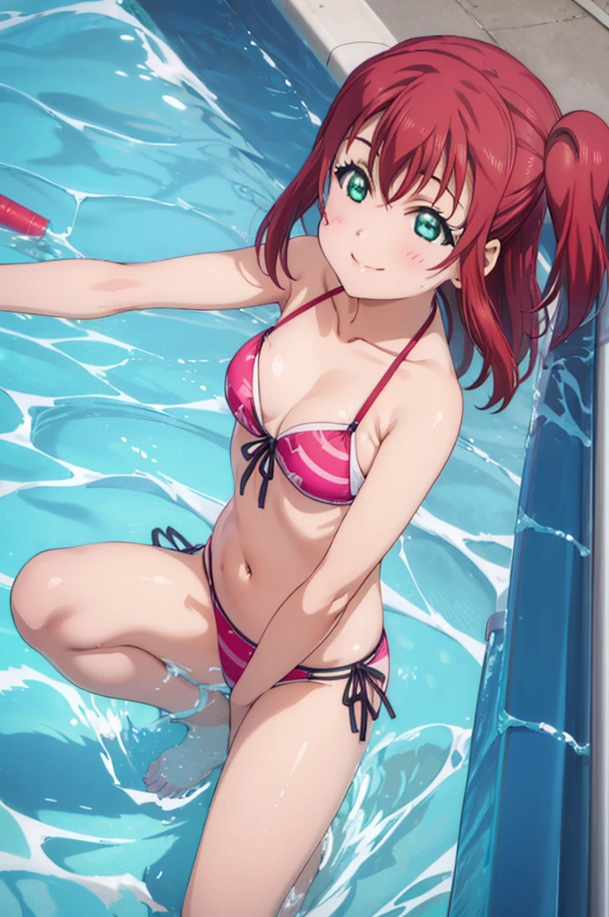 (((pixel-perfect, detail-perfect))), solo, 1girl, ruby kurosawa, smile, pool, bikini, flat filesize, ultra High Qality