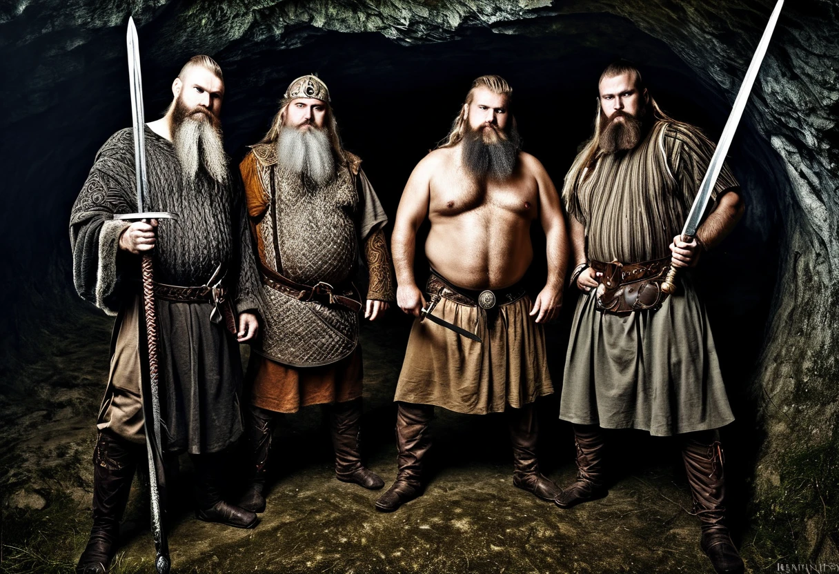 arafed image of three men with long beards and a sword, slavic mythology, ancient slavs, viking culture, slavic features, а fantasy proto-slavic mythology, norse, celtic norse frankish, vikings, germanic, viking style, slavic!!!, norse mythology, norse god, slavic, three hairy fat cave people, wearing viking clothes