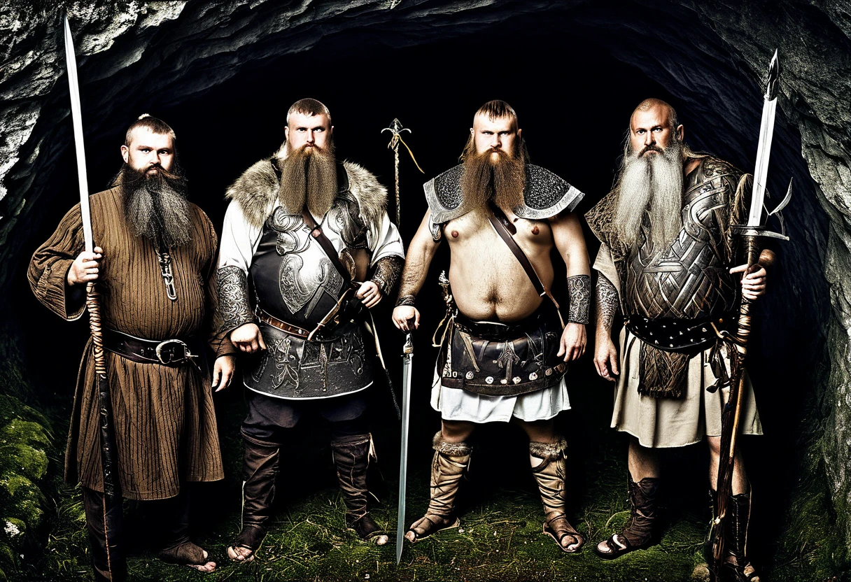 arafed image of three men with long beards and a sword, slavic mythology, ancient slavs, viking culture, slavic features, а fantasy proto-slavic mythology, norse, celtic norse frankish, vikings, germanic, viking style, slavic!!!, norse mythology, norse god, slavic, three hairy fat cave people, wearing viking clothes