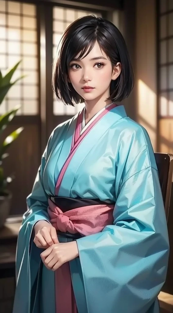 (Realistic)、(Realistic:1.2)、(High resolution)、Very detailed、Very beautiful face and eyes、1 girl、Delicate body、(highest quality、Attention to detail、Rich skin detail)、(highest quality、8k、Oil paint:1.2)、Very detailed、(Realistic、Realistic:1.37)、Bright colors、Full Body Shot,black_hair, Beautiful 8k eyes,Looking_in_Audience,One person in,Are standing,((Very beautiful woman, Fuller lips, Japanese pintern kimono))、((Colorful Japanese kimono)))、(((blackhair)))、(((Blunt bung,short hair)))、((( Inside an old Japanese house with a (short focus :1.4),)))、(masterpiece, highest quality, highest quality, Official Art, beautifully、aesthetic:1.2),(Fractal Art:1.3),Sengoku period、Greg Rutkowski Written by Alphonse Mucha Ropp,short ,uchikake,nishijin ori,(realistic light and shadow), (real and delicate background),(muted colors, dim colors, soothing tones:1.3), low saturation, (hyperdetailed:1.2), (noir:0.4),drow,blurry_light_background, (vibrant color:1.2), cinematic lighting, ambient lighting,Single Shot,Shallow Focus,pink lip,blurry light background,