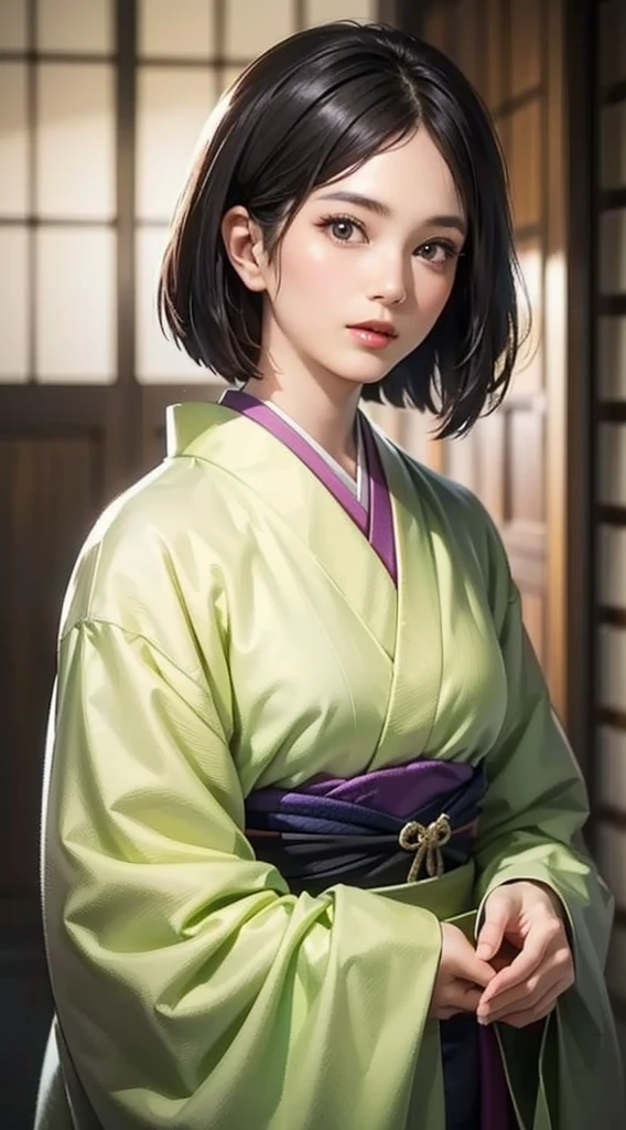 (Realistic)、(Realistic:1.2)、(High resolution)、Very detailed、Very beautiful face and eyes、1 girl、Delicate body、(highest quality、Attention to detail、Rich skin detail)、(highest quality、8k、Oil paint:1.2)、Very detailed、(Realistic、Realistic:1.37)、Bright colors、Full Body Shot,black_hair, Beautiful 8k eyes,Looking_in_Audience,One person in,Are standing,((Very beautiful woman, Fuller lips, Japanese pintern kimono))、((Colorful Japanese kimono)))、(((blackhair)))、(((Blunt bung，short hair)))、((( Inside an old Japanese house with a (short focus :1.4),)))、(masterpiece, highest quality, highest quality, Official Art, beautifully、aesthetic:1.2),(Fractal Art:1.3),Sengoku period、Greg Rutkowski Written by Alphonse Mucha Ropp,short ,uchikake,nishijin ori,(realistic light and shadow), (real and delicate background),(muted colors, dim colors, soothing tones:1.3), low saturation, (hyperdetailed:1.2), (noir:0.4),drow,blurry_light_background, (vibrant color:1.2), cinematic lighting, ambient lighting,Single Shot,Shallow Focus,pink lip,blurry light background,