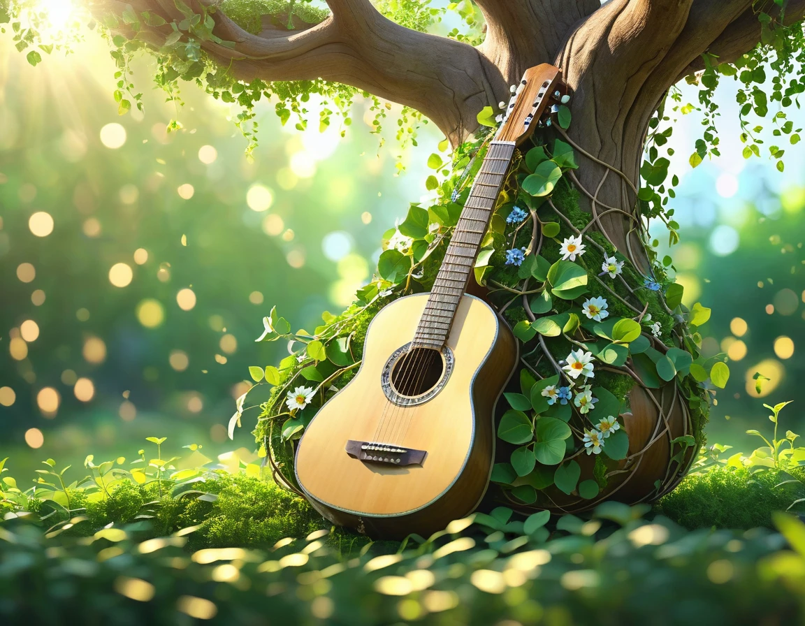 a giant guitar made from the trunk and branches of a living tree, with leaves growing along the neck and strings, with vines and flowers entwined around it. Use a central shooting angle. The lighting should be natural sunlight, creating a peaceful and harmonious atmosphere. Ensure images are highly detailed, sharply focused, and of very high quality without blur, 4K.