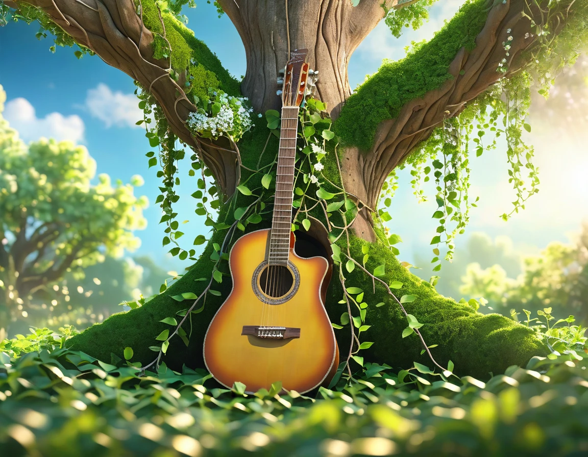 a giant guitar made from the trunk and branches of a living tree, with leaves growing along the neck and strings, with vines and flowers entwined around it. Use a central shooting angle. The lighting should be natural sunlight, creating a peaceful and harmonious atmosphere. Ensure images are highly detailed, sharply focused, and of very high quality without blur, 4K.