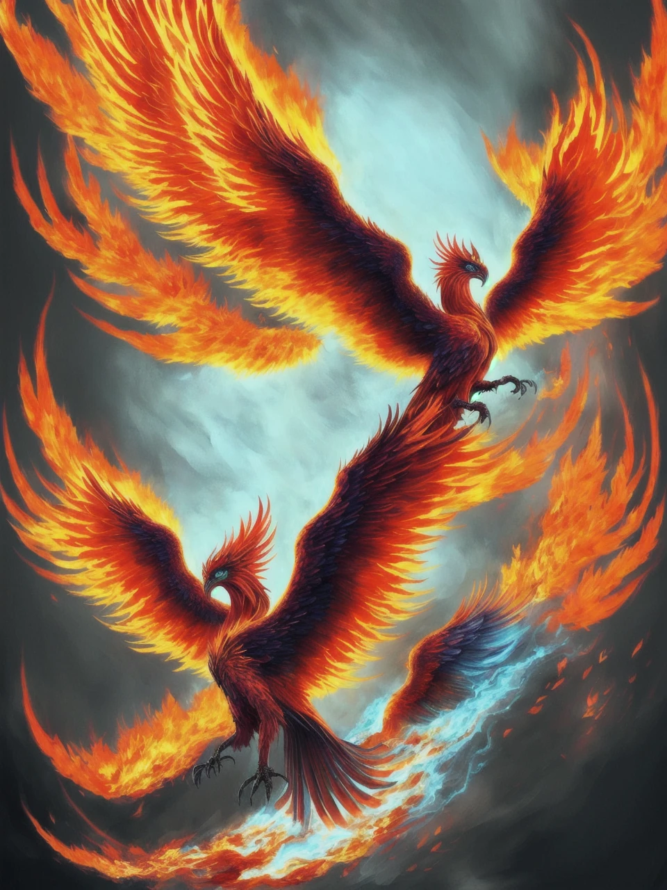 A mythical phoenix, wings spread wide, rising from the ashes in a burst of flames and glory, captured in a vivid and fiery digital artwork that embodies the spirit of rebirth and transformation. , Soulful_Aesthetics de color negro naranja y rojo