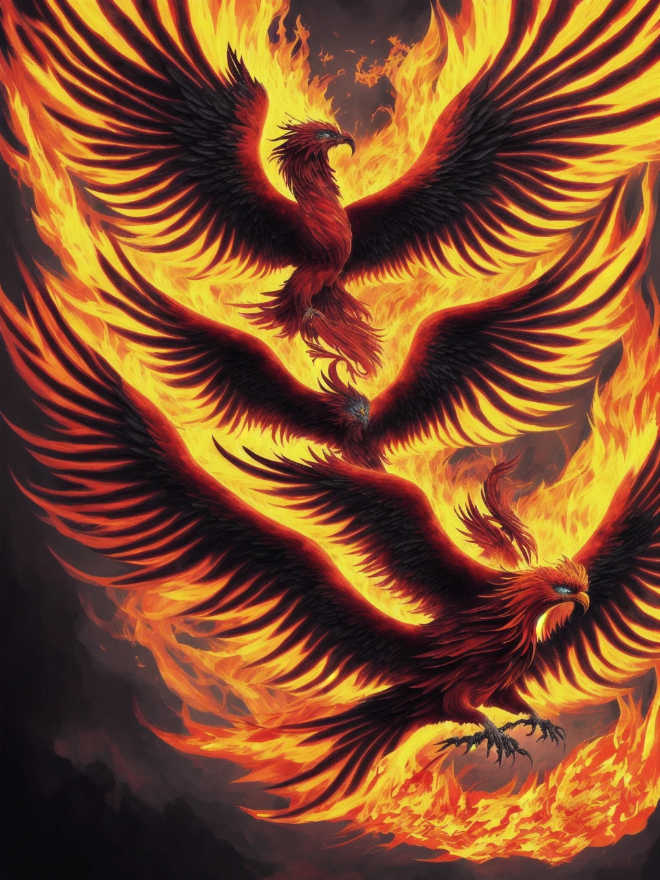 A mythical phoenix, wings spread wide, rising from the ashes in a burst of flames and glory, captured in a vivid and fiery digital artwork that embodies the spirit of rebirth and transformation. , Soulful_Aesthetics de color negro naranja y rojo