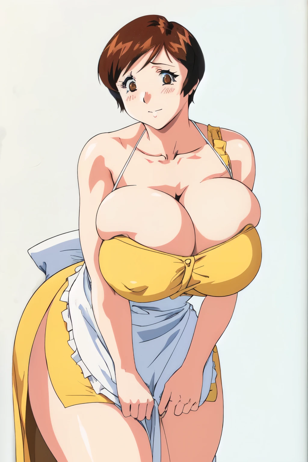 masterpiece, highest quality, High resolution, One girl, alone, sexual intercourse, Pornographic images, short hair, etsukoto, Brown eyes, fine grain, fine grain, (((Thick thighs, Plump thighs, Voluptuous thighs, Thighs alone are enough))), Huge and ample breasts, Cleavage, Huge long breasts, Naughty big,((Big breasts are important))、((Naughty thighs)), L Cup, (thin:1.4),(Tight waist:1.4),  (Yellow Dress:1.4), ((white waist apron)), White panties, Embarrassed look, blush, (((Simple Background))), ((Wide Hips)), Shiny, Oily skin, Mature mother, Calf, Seductive mature woman, Perfect body, Plus Size Model, etsukoto, blush, clavicle, retro artstyle, 1990s (style), [[from side]],