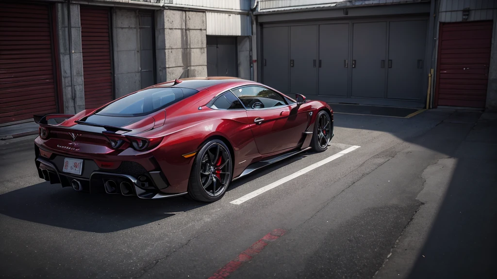 ((masterpiece)), (highest quality),, Official Art, Highly detailed CG Unity 32k wallpaper, Hyperreal Photography:1.44,Photographing the wine-red supercar designed by Pininfarina:1.44、Old garage、