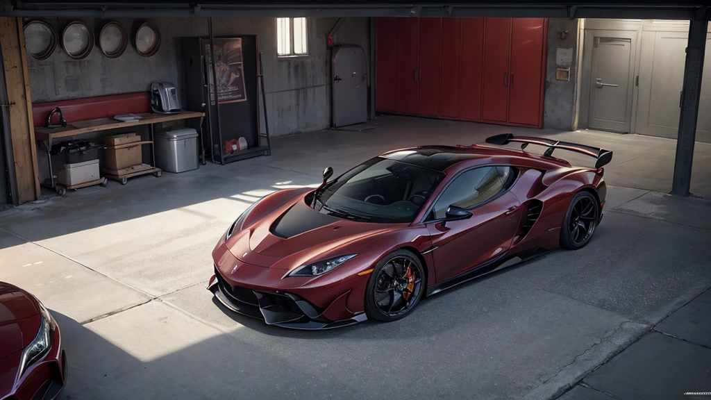 ((masterpiece)), (highest quality),, Official Art, Highly detailed CG Unity 32k wallpaper, Hyperreal Photography:1.44,Photographing the wine-red supercar designed by Pininfarina:1.44、Old garage、