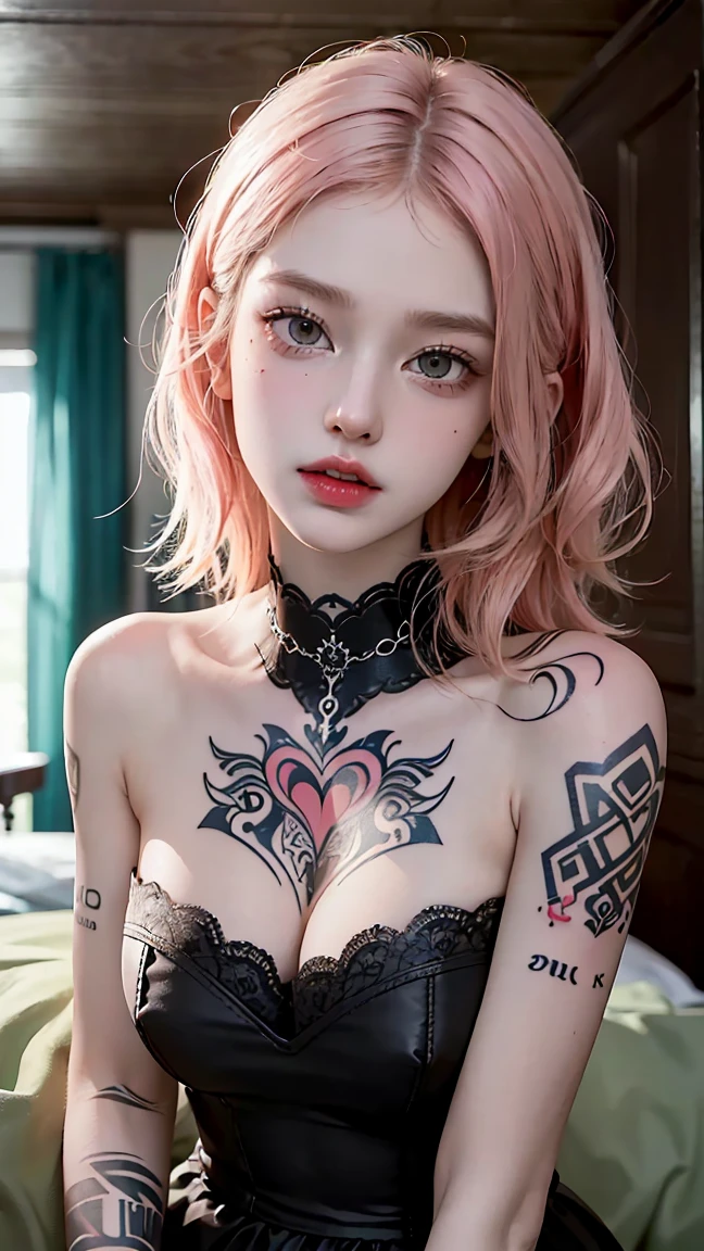(Random Porn Pose),(Random Hairstyles),(Best image quality,(8k),Ultra-realistic,最high quality, high quality, High resolution, high quality,Attention to detail,Beautiful details,Fine details,Highly detailed CG,Detailed Texture,Realistic facial expressions,masterpiece,in front),See-throughブラ,tight,stockings,Pink Hair, Shorts, (((Tight waist))), ((Big Breasts)),(See-through),(((He has many tattoos all over his body)),