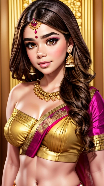 Hailee Steinfeld as a gorgeous Indian Empress wearing ((Kasavu Saree)); deep cleavage; ((ultra glossy lips)); ((Traditional Indian Makeup)); ultrarealistic skin, ultrarealistic face; ultrarealistic body; ((ultrarealistic gold ornaments)); (Perky Round tits)); ((overflowing Perky Round breasts)); high resolution; detailed skin; ultra detailed eyes; ultra detailed face; ultra detailed lips; 4k resolution; Ultrarealistic Light Hazel Brown Eyes; both eyes are similar, thick eyebrows, heavily oiled shiny skin, slim athletic body, sexy seductive pose, Seductive smile, standing; looking at viewer, facing camera; full body photograph, DSLR photo; HDR, super-resolution, maximum clarity and sharpness, rule of thirds, 8k raw, reflections, sharp focus
