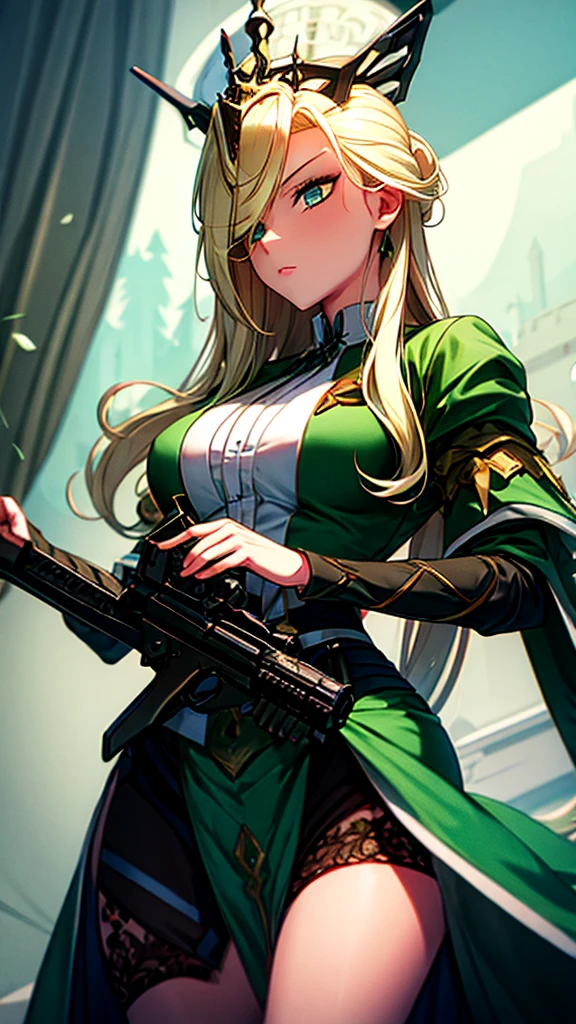 a blonde, green-eyed girl dressed like a queen holding a gun  