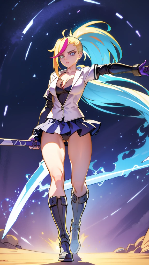1 girl, ultra long hair, ultra detailed face, glowing lips, glowing blue eyes, very long ponytail, elegant walk, catwalk, holding down a giant katana, blonde, long eyelashes, long boots , looking to the sky, starry sky, a ultra giant katana