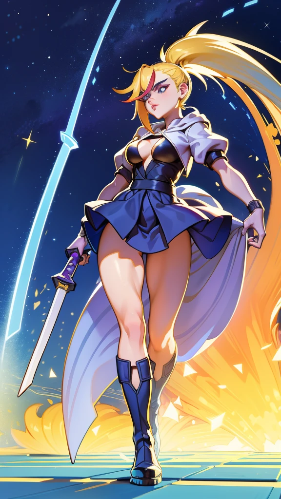 1 girl, ultra long hair, ultra detailed face, glowing lips, glowing blue eyes, very long ponytail, elegant walk, catwalk, holding down a  giant katana, blonde, long eyelashes, long boots , looking to the sky, starry sky, a ultra giant katana 