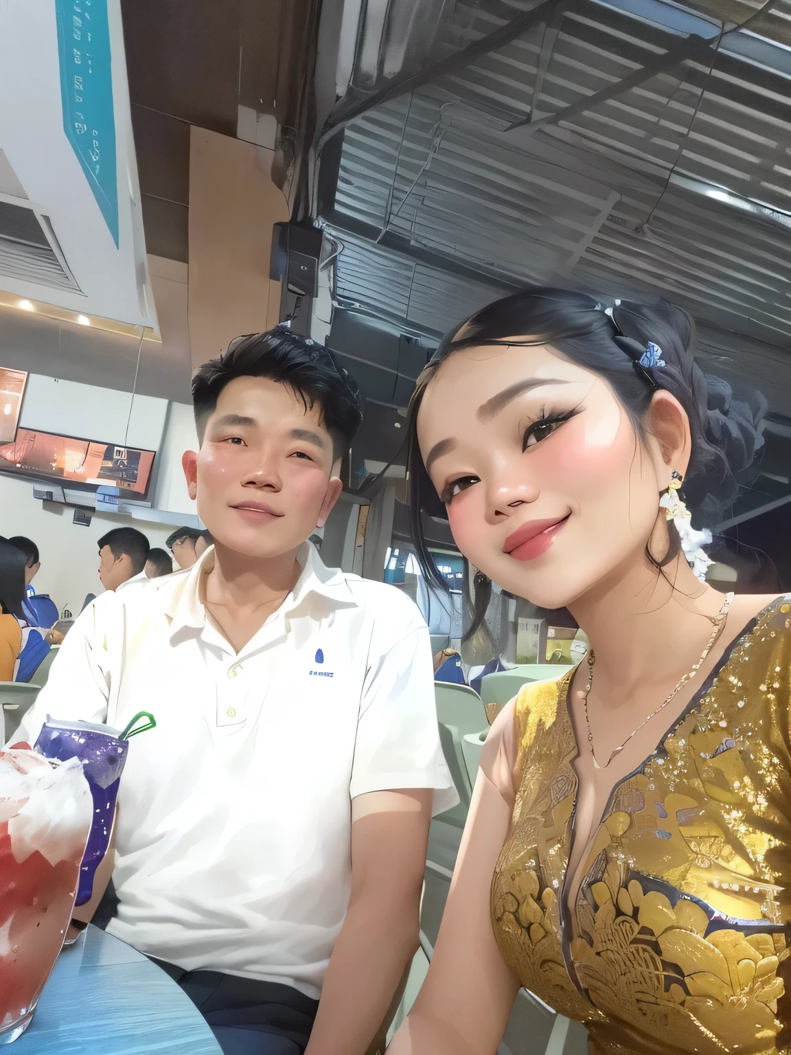 there are two people sitting at a table with drinks and soda, lovely couple, patiphan sottiwilaiphong, couple, nivanh chanthara, dang my linh, thawan duchanee, happy couple, momma and papa, wpol and sarasti, nuttavut baiphowongse, with godray