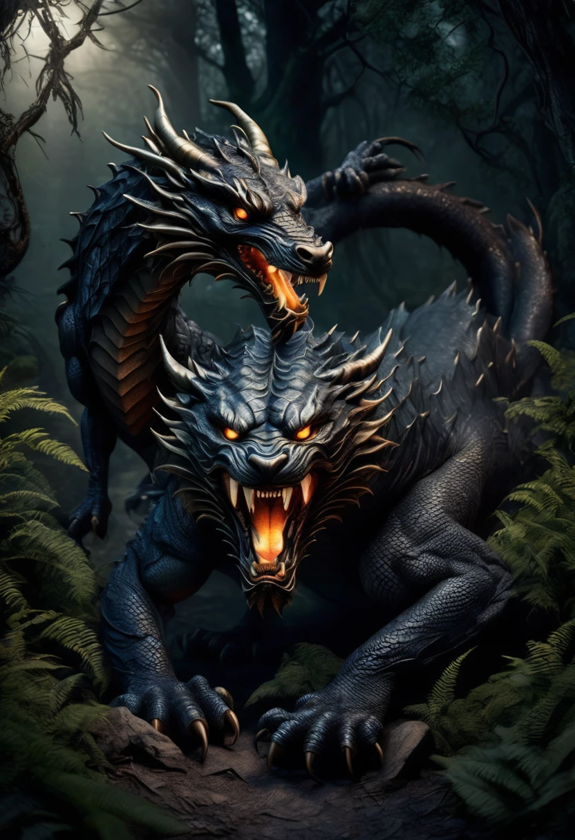 {A photorealistic image of a dragon coiling around a tiger, set in a dark and eerie forest, the scene is cinematic and dramatic, capturing the intense struggle between the two creatures, the forest background is dense and foreboding, with shadows and dim light adding to the horror atmosphere, high detail, sharp focus, wide angle, 35mm lens, 8K resolution, hyper realistic, HDR, professional lighting, dark colors}
