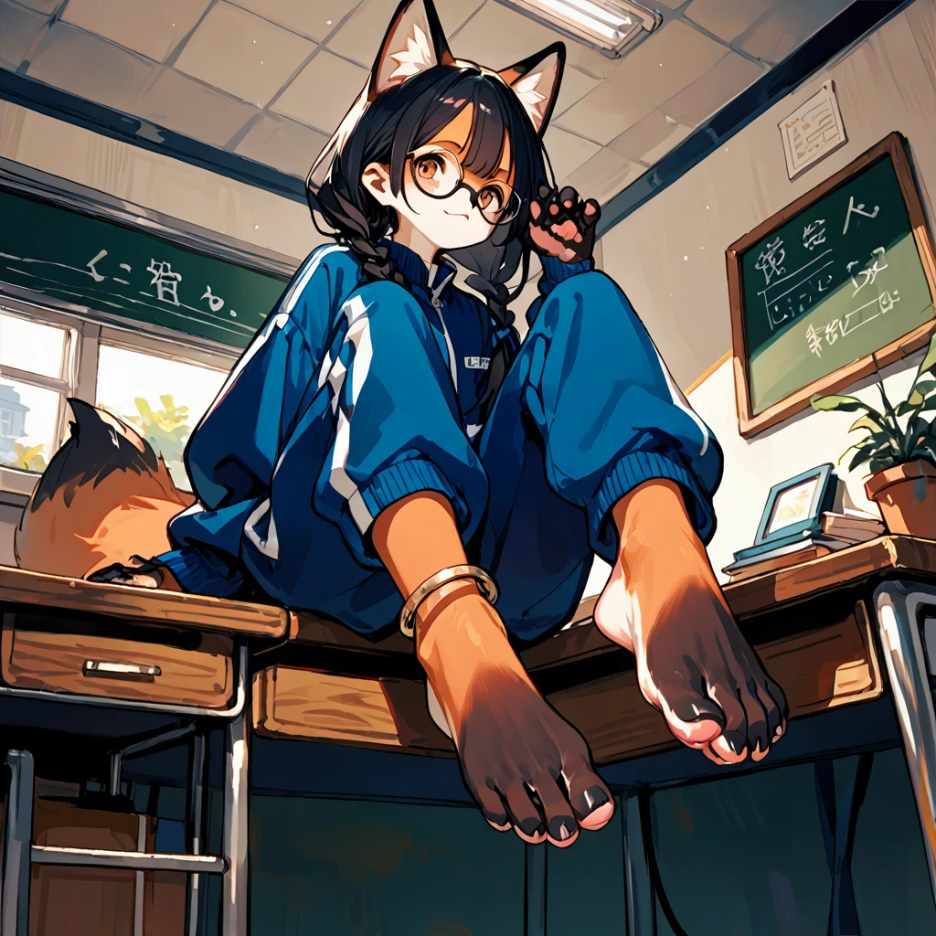 score_9, score_8_up, score_7_up, score_6_up,score_5_up, source_anime, source_furry, anthro, furry hadrian, solo, black hair,baggy blue and white track suit,baggy blue and white track pants,glasses,black hair,low twin braids, ,desk,sitting on desk,foot up,barefoot,soles,foot focus, furry female, anthro fox, paw_sloe,sharp_toenails, pawpads, barefoot, plantigrade, 5 toes, from below,anklet,bare legs,chalkboard,