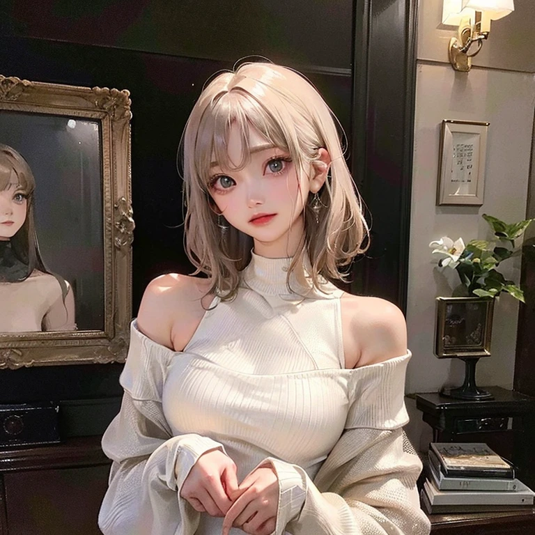 (highest resolution、clear_image)highest quality、woman、masterpiece、very detailed、semi-realistic、light cream hair、short hair、Long neckline、gray eyes、21 years old、shoulder length hair、mature、young、V-neck sweater、exquisite features