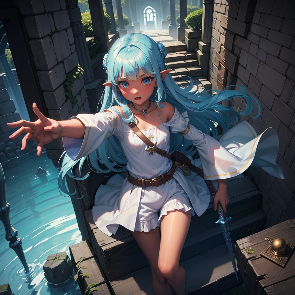 最high quality、high quality、Frugal cloth clothes、１０Year-old girl adventurer、Climb the labyrinth stairs、Shorts、Equipped with a dagger and a shield、Inside the dim labyrinth、The whole body is swallowed by slime